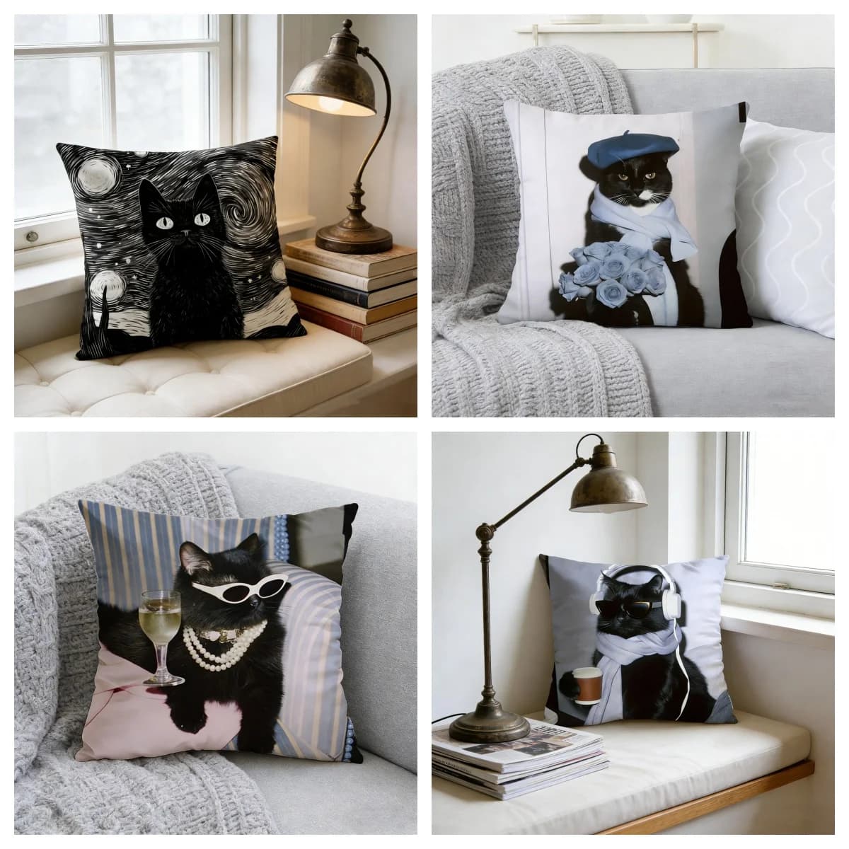 Cushion pillow case with cute kitten pattern, soft and easy to wash, suitable for sofa bed, travel and office, polyester fabric, soft and comfortable