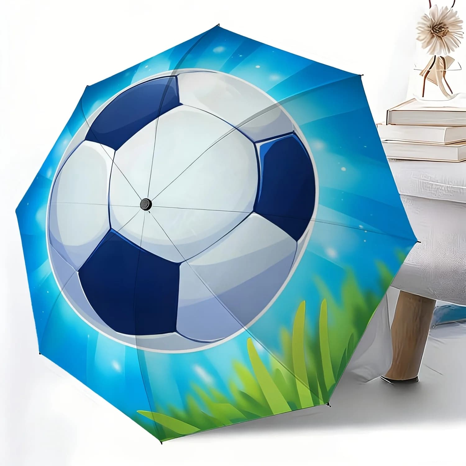 1 pz Ombrello Pieghevole Portatile Blu con Motivo Erba e Pallone da Calcio, Struttura Durevole in Ferro, Design con Asta in Ferro