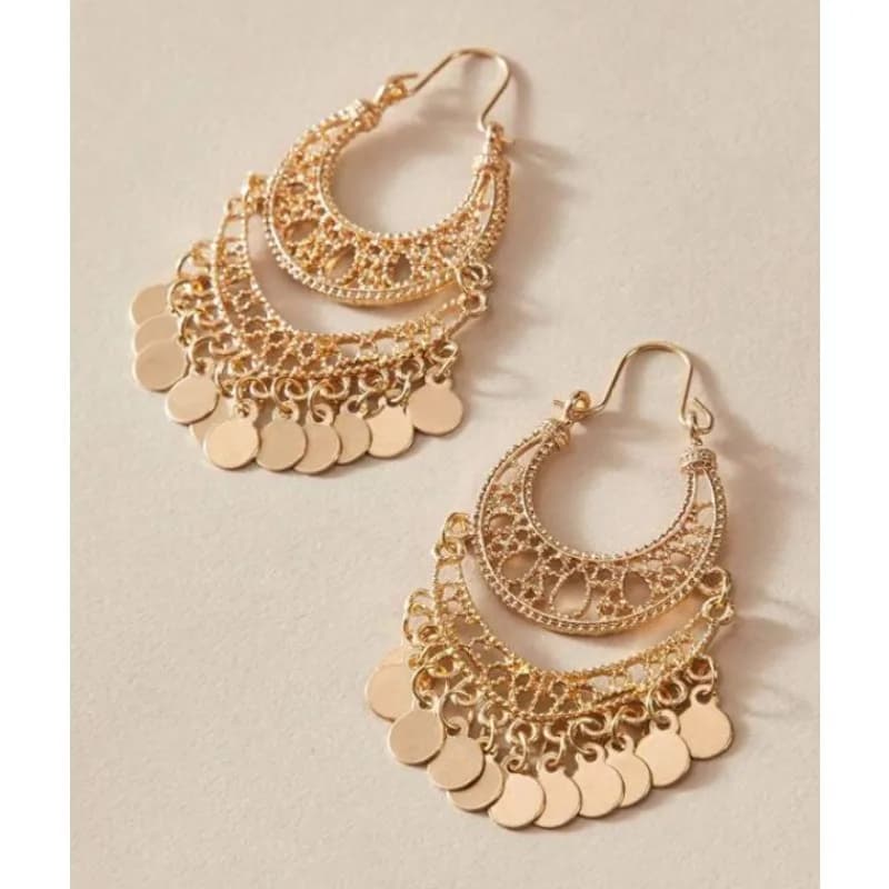Bohemian Fashion Trendy Gold Sequin Tassel Hoop Drop Earrings Women's Luxury Ethnic Style Party Bridal Gift Accessories
