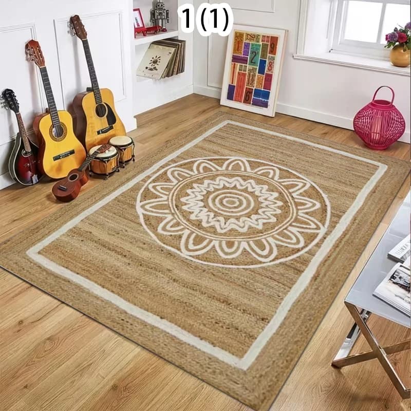 Boho Carpet with Sun Printing, Jute Texture, Anti-slip, Soft for Bedroom, Living Room, Yoga Room, Home Furniture
