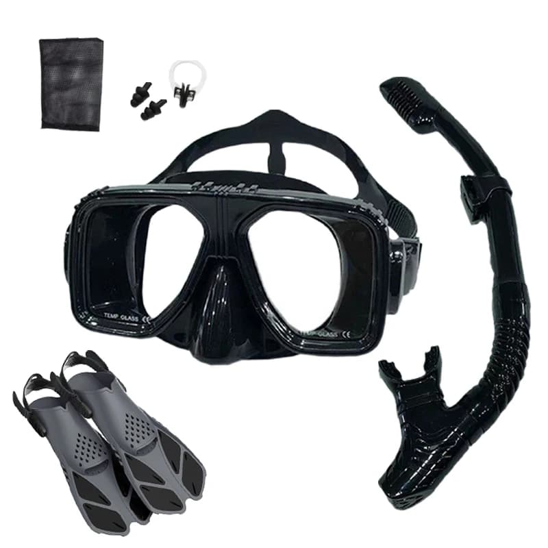 Set da snorkeling da 5 pezzi - Maschera subacquea con cornice quadrata Antiappannamento, Regolazione del tubo di respirazione a secco, Pinne per immersione, Attrezzatura subacquea per snorkeling