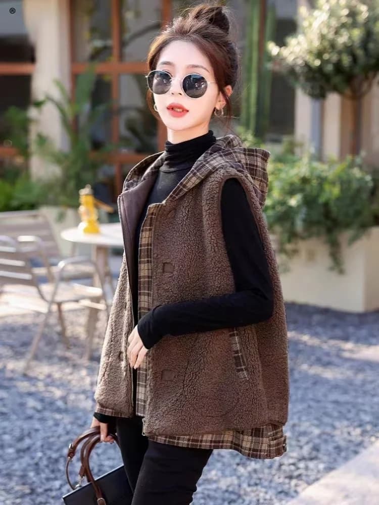 Cardigan senza maniche con cerniera con cappuccio Gilet autunno inverno da donna Giacca con giunture in pelliccia sintetica Top caldi Cappotti larghi per il tempo libero coreano