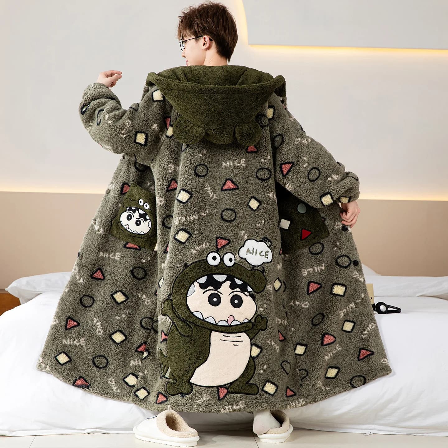 Kawaii Anime Men Plush Sleepwear Suit Long Hooded Bathrobe + Sweatpants Gengar Crayon Shin-Chan Fluffy Fleece Oversized Pajamas