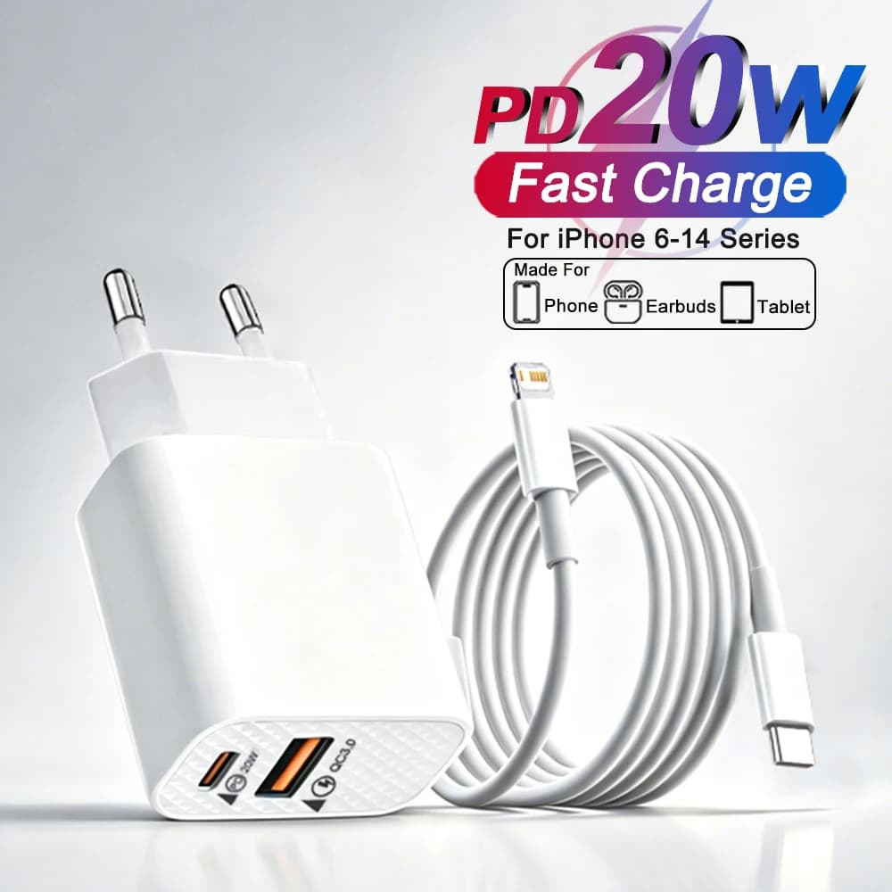 PD 20W USB Type C Fast Charger For iPhone 13 12 11 14 Pro Max XS X XR 7 8 Plus Wall Charger Fast Charging Data Cable Accessories