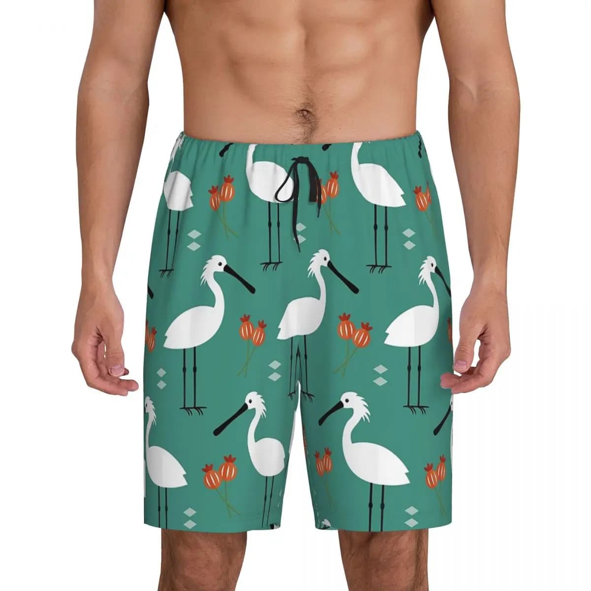 Custom Spoonbills On Blue Short Pajama Pants Men Sleepwear Sleep Lounge Bottom Shorts Sleeping Pants