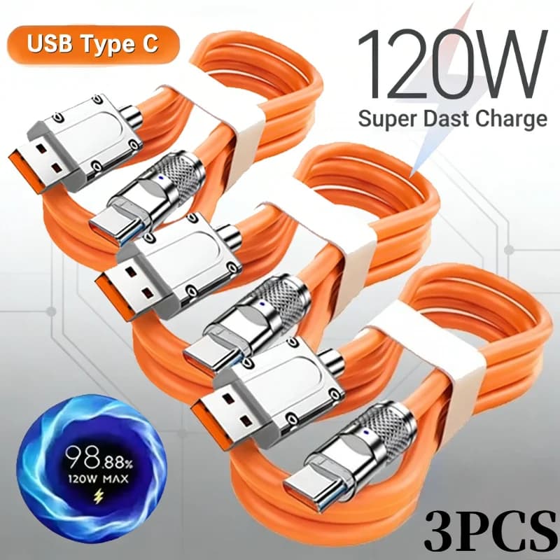 Cavo USB C in Silicone Liquido Intrecciato in Nylon da 120W a Ricarica Ultra Rapida, 3 Pezzi, per Smartphone Xiaomi Huawei Samsung