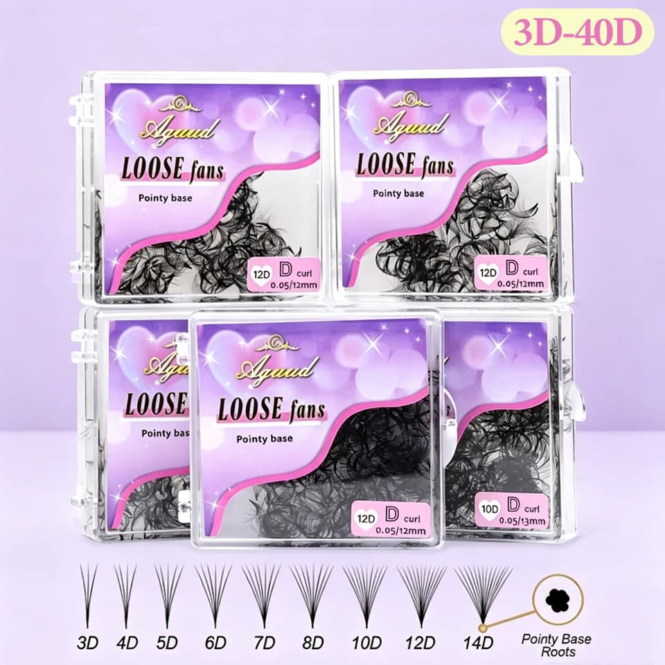 AGUUD Extension ciglia a ventaglio pre-assemblate 3D a 40D, base sottile e appuntita, stelo medio, volume russo, effetto promade