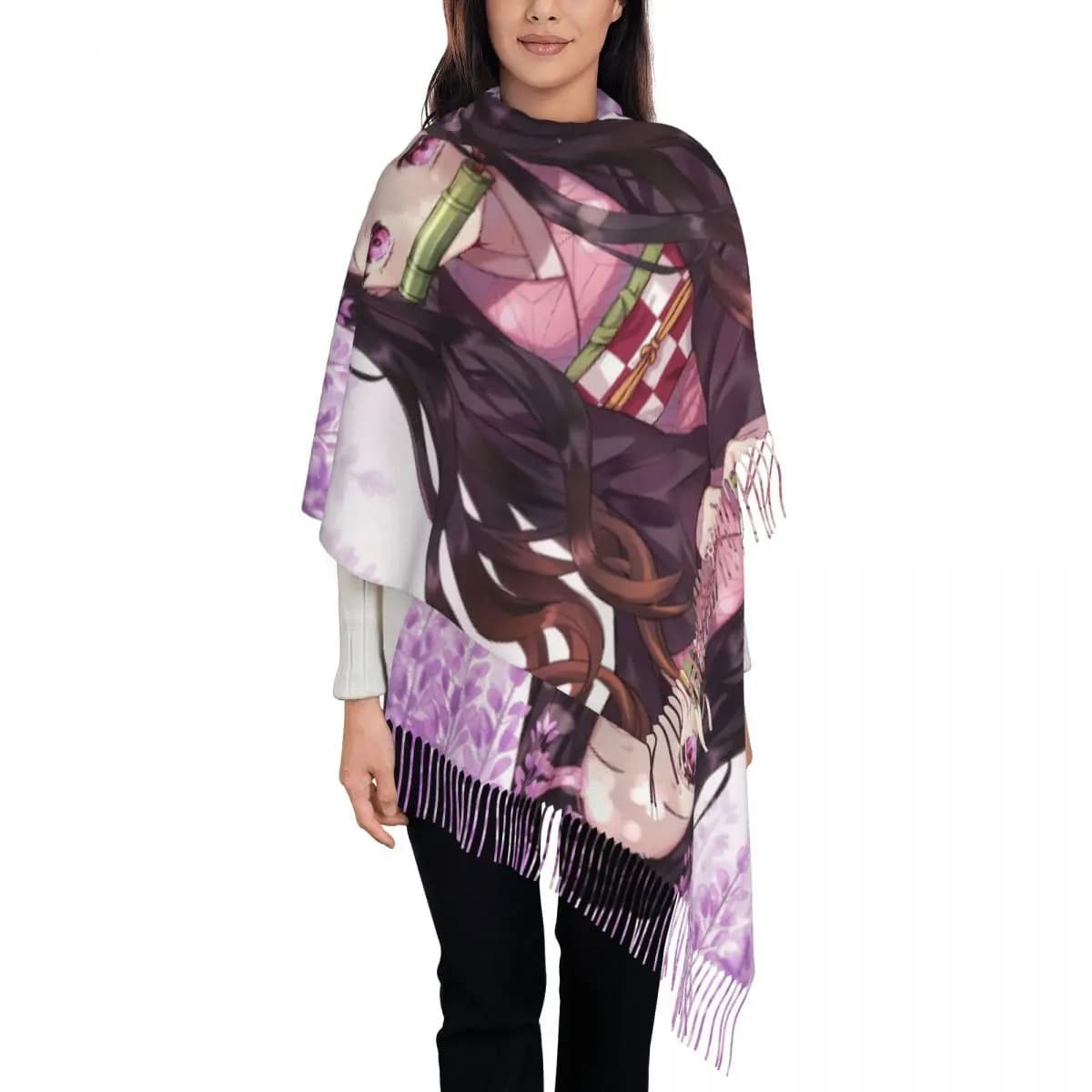 Sciarpa con nappa da donna Demon Slayer Anime Kimetsu No Yaiba Grande scialle invernale autunnale Kamado Nezuko Sciarpa di cashmere da indossare ogni giorno