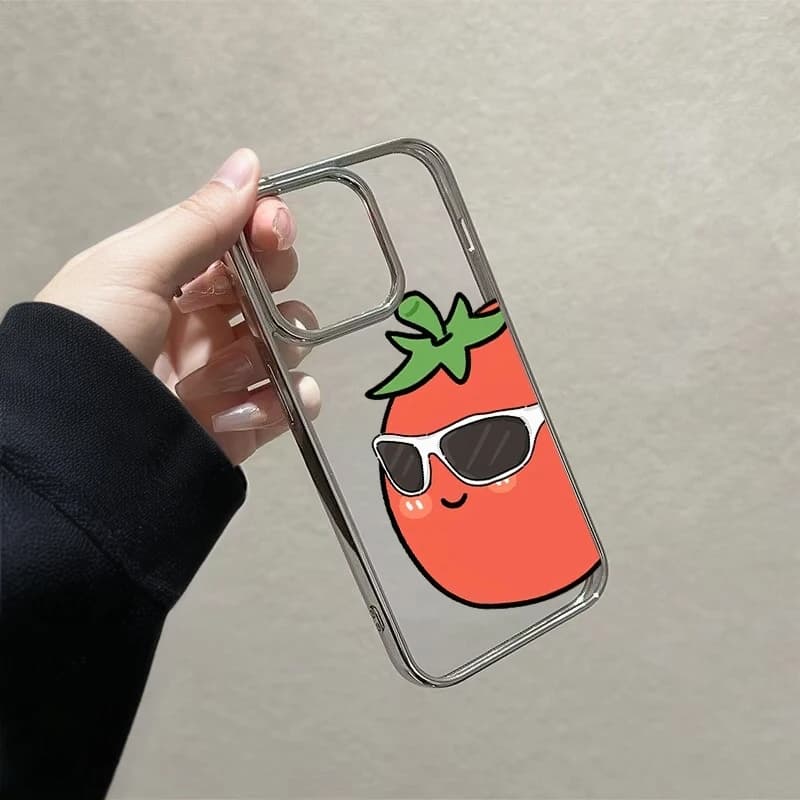 Cool Cartoon Tomato Silver Frame Clear Phone Case for iPhone 17 Air 16E 16 15 14 13 12 11 Pro Max Plus Xs X XR Shockproof cover