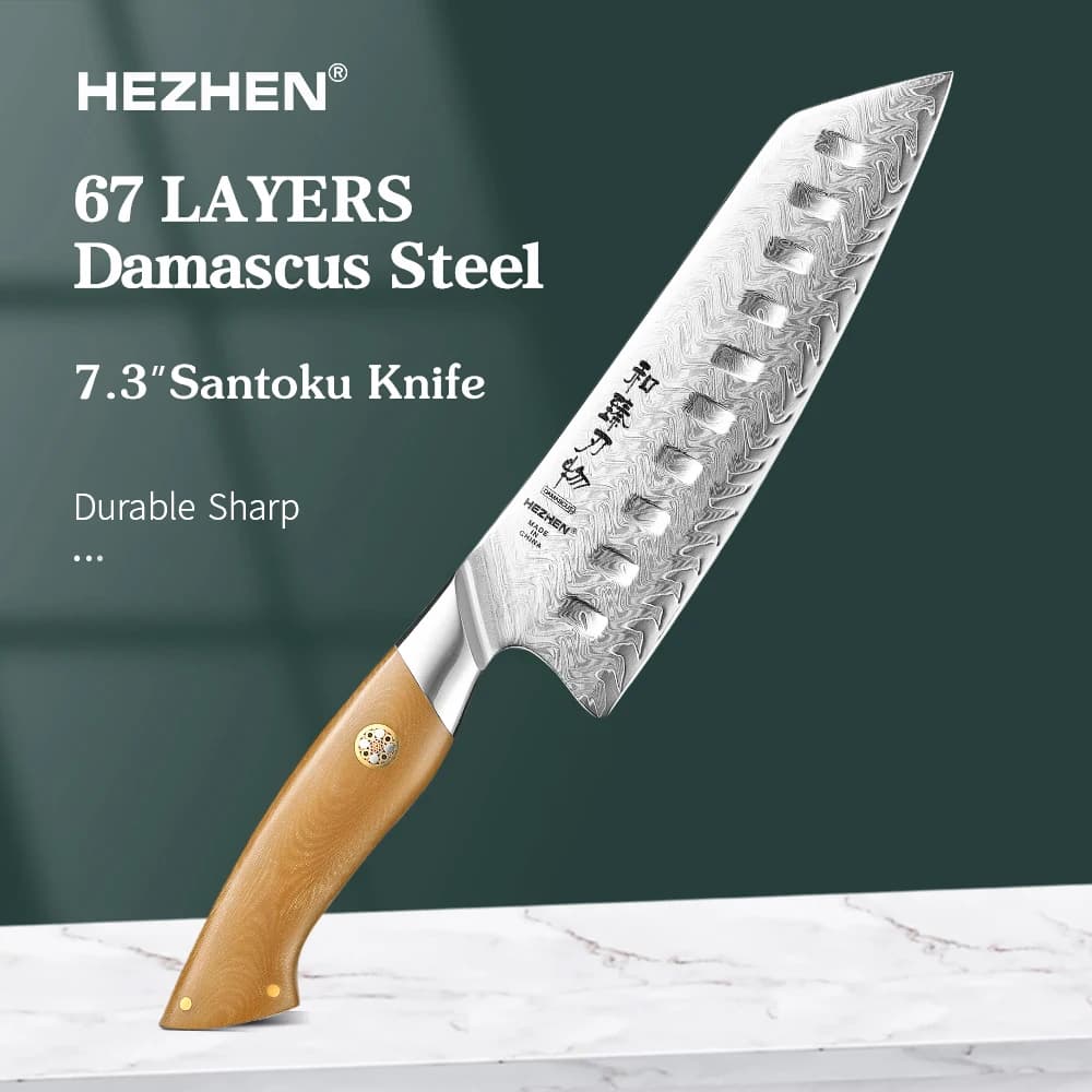 HEZHEN New 7.3 Inches Santoku Knife Kitchen Chef Knife 67 Layers Damascus Steel Razor Sharp Slicing Linen Micarta Handle