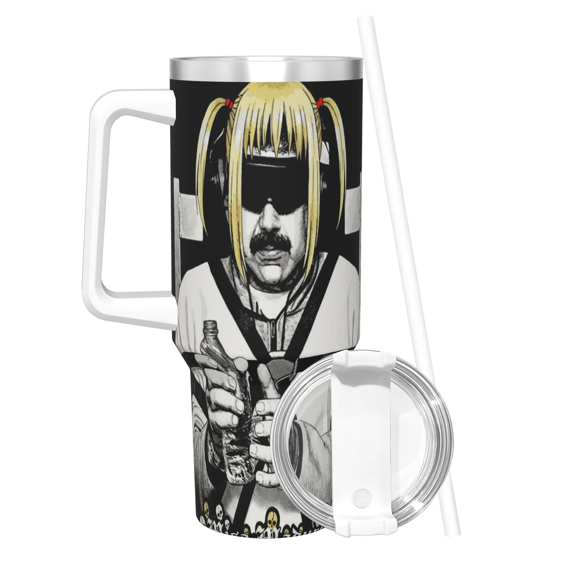 Bicchiere Termico Isolato con Coperchio e Cannuccia, Design Satirico Politico Maduro a Tema Cultura Pop Matura, Tazza Termica Sottovuoto per Bevande Calde e Fredde, 40oz