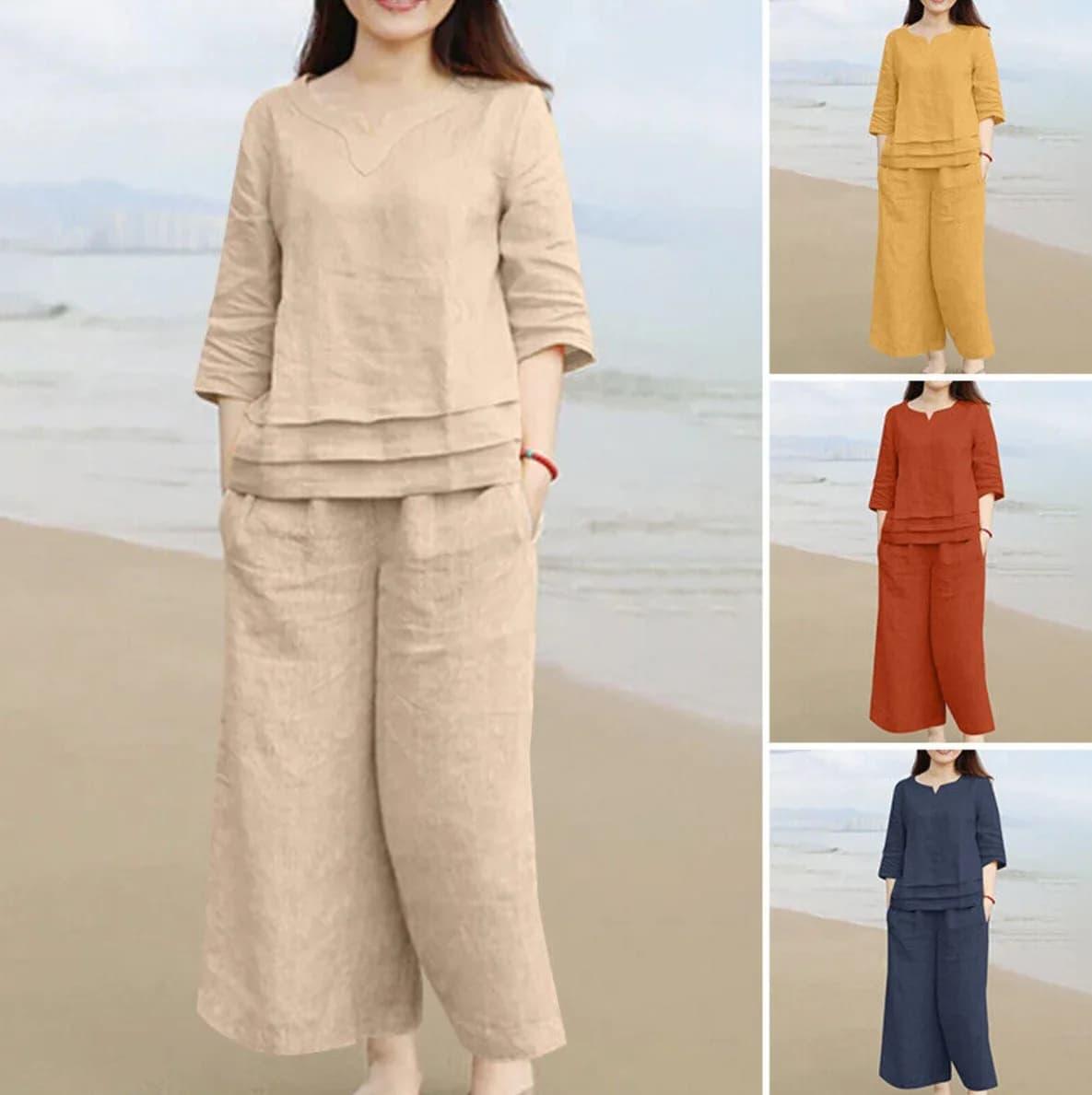 2025 Women's Cotton Linen Loose Fit Two-Piece Set Color Casual Sportswear Fashionable Comfortable Spring Autumn Winter