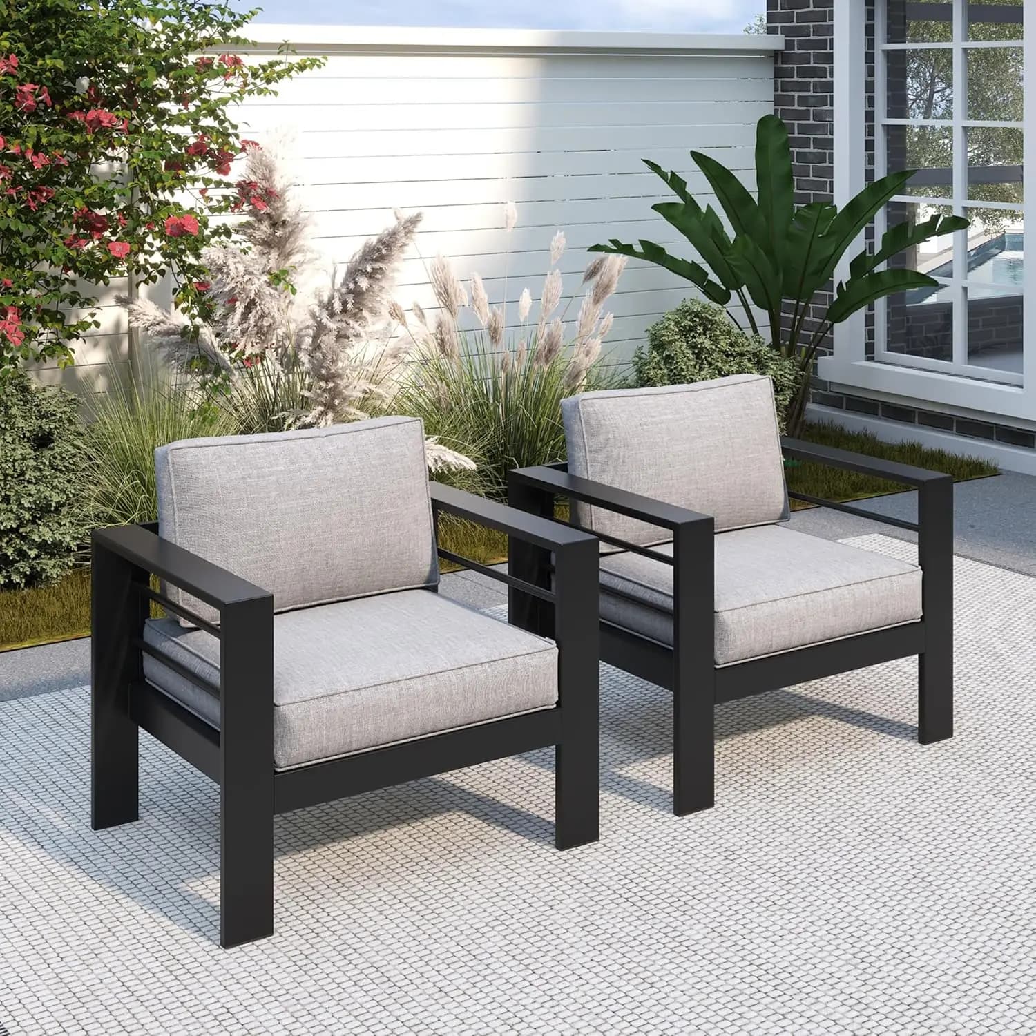 Patio Furniture Metal Armchair,2 PCS All-Weather Aluminum Garden Outdoor Contemporary Sofa Chair with Cushions, Light Grey