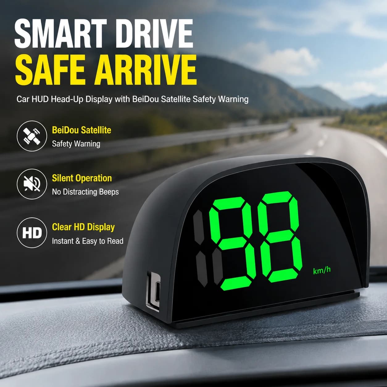 Car HUD Head-Up Display with BeiDou Satellite Safety Warning, Silent HD Screen, Speedometer Projector for Vehicles