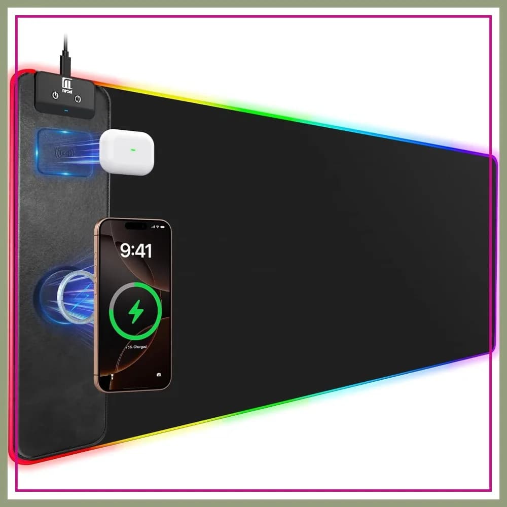Tappetino Mouse RGB con Ricarica Wireless Magnetica, Grande Tappetino da Scrivania con Caricatore Rapido 15W, Antiscivolo Impermeabile, XXL 31.5x15.75in Nero