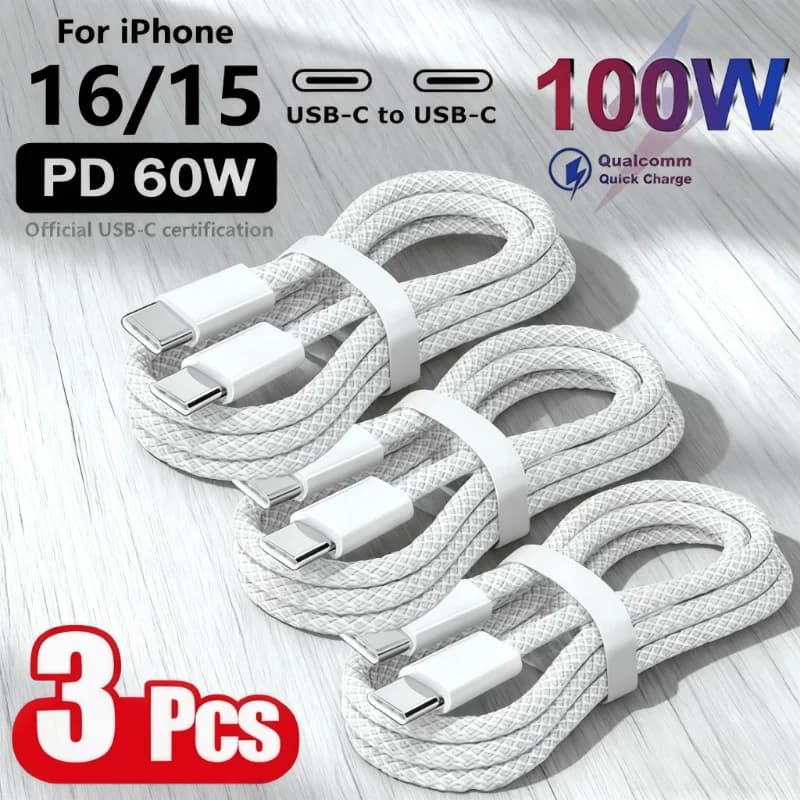 Cavo USB C a USB C da 3 pezzi, 100W, per ricarica rapida, supporta la ricarica veloce per iPhone 17, 16, Samsung, Xiaomi, Huawei, ecc.