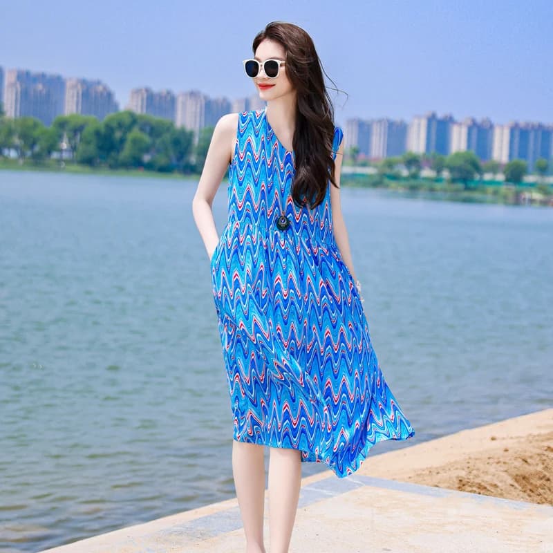 Abito Midi Estivo Boho con Stampa Floreale per Donna 2026, Elegante Vestito a Maniche Corte per Feste, Vacanze e Spiaggia