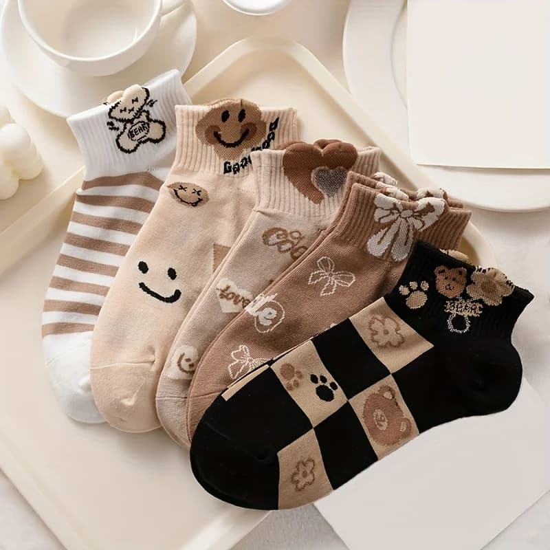 5 paia di graziosi calzini caldi alla caviglia con fantasia, set di mix e abbinamento multicolori | Nuovi arrivi autunno/inverno/calzini alla caviglia da donna