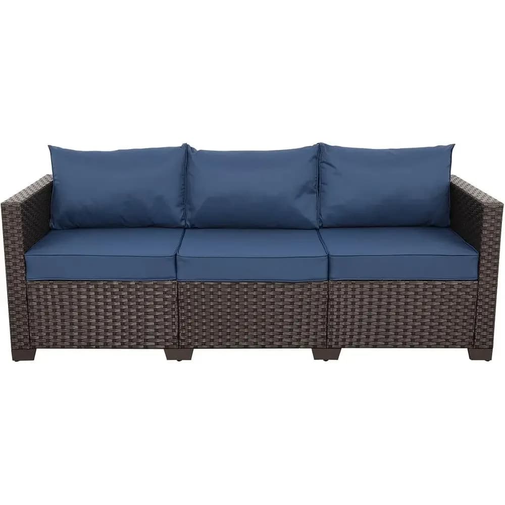 3-Seater Outdoor Brown Wicker Sofa with Deep Seat, High Backrest, Non-Slip Cushions, and Waterproof Cover, Navy Blue