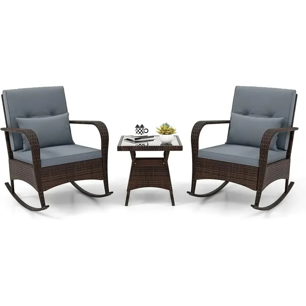 Grey 3-Piece Outdoor Wicker Rocking Chair Set with Cushions and Glass Coffee Table for Patio, Balcony, Porch, or Poolside