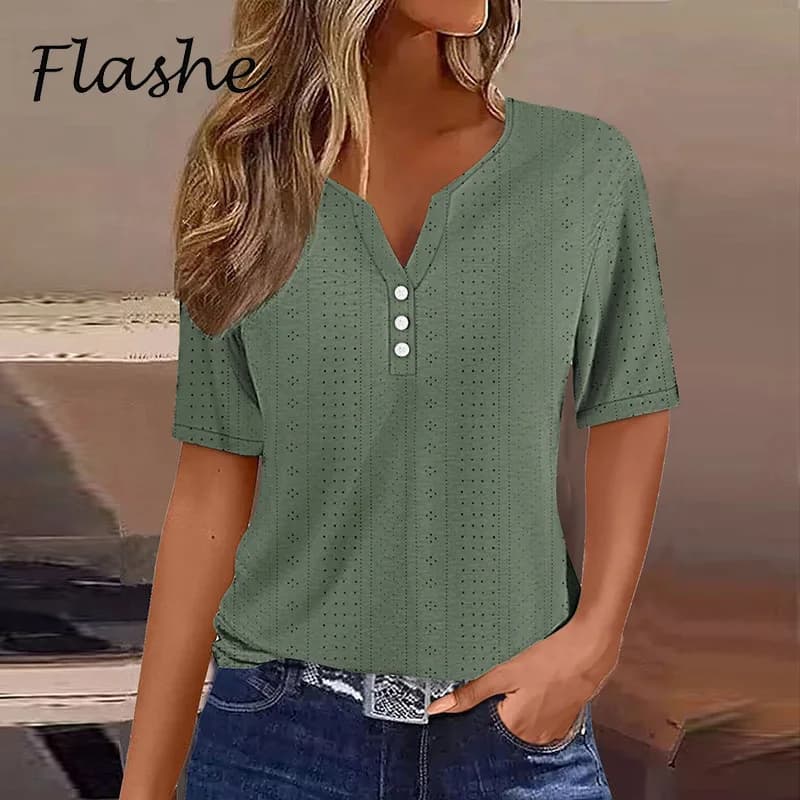 Maglietta Casual da donna con scollo a V manica corta con bottoni allentati magliette estive di base per le donne Pullover elegante