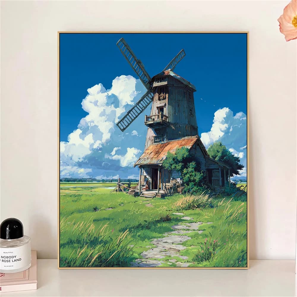 Paint by Numbers For Adult Kit Green Fields and Thatched Huts Dropshipping acrylic Oil Painting Canvas by Number Home Decor