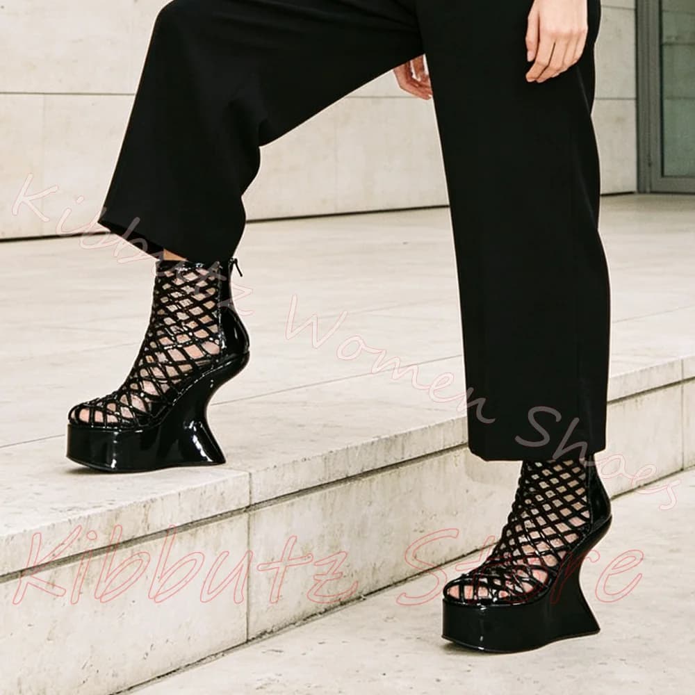 Lattice Cutout Sandal Platform Wedge Ankle Boots Women Back Zipper Leather Goth Open Toe Strange Heel Punk Fashion Footwear New