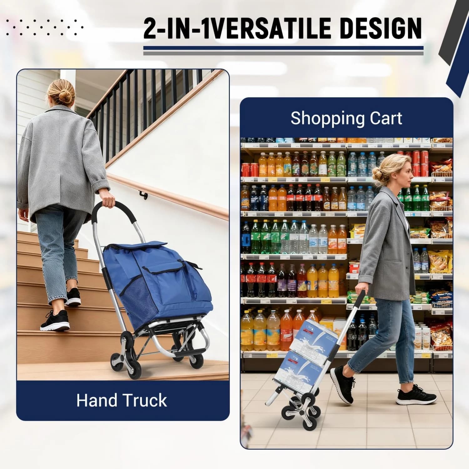 3-in-1 Heavy Duty Folding Stair Climbing Hand Truck – 176 lbs Capacity, 6-Wheel Convertible Platform Dolly with Telescoping Handle, 36L Oxford Cloth Bag, Portable Cart for Grocery, Laundry,Shopping