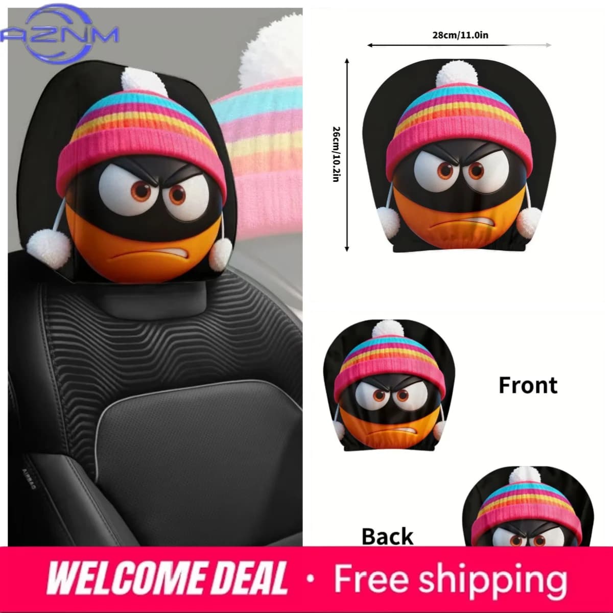 colorful winter limited edition cartoon Anger mask pattern breathable car headrest covers wearing wool hats 2pcs, washable