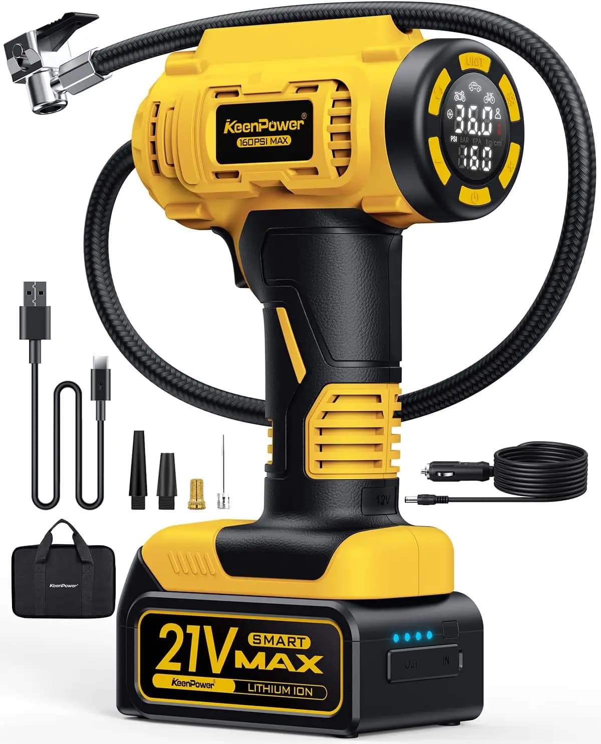 Compressore d'Aria Portatile Senza Fili, Pompa per Pneumatici Auto 160PSI, Compressore d'Aria Ricaricabile 21V