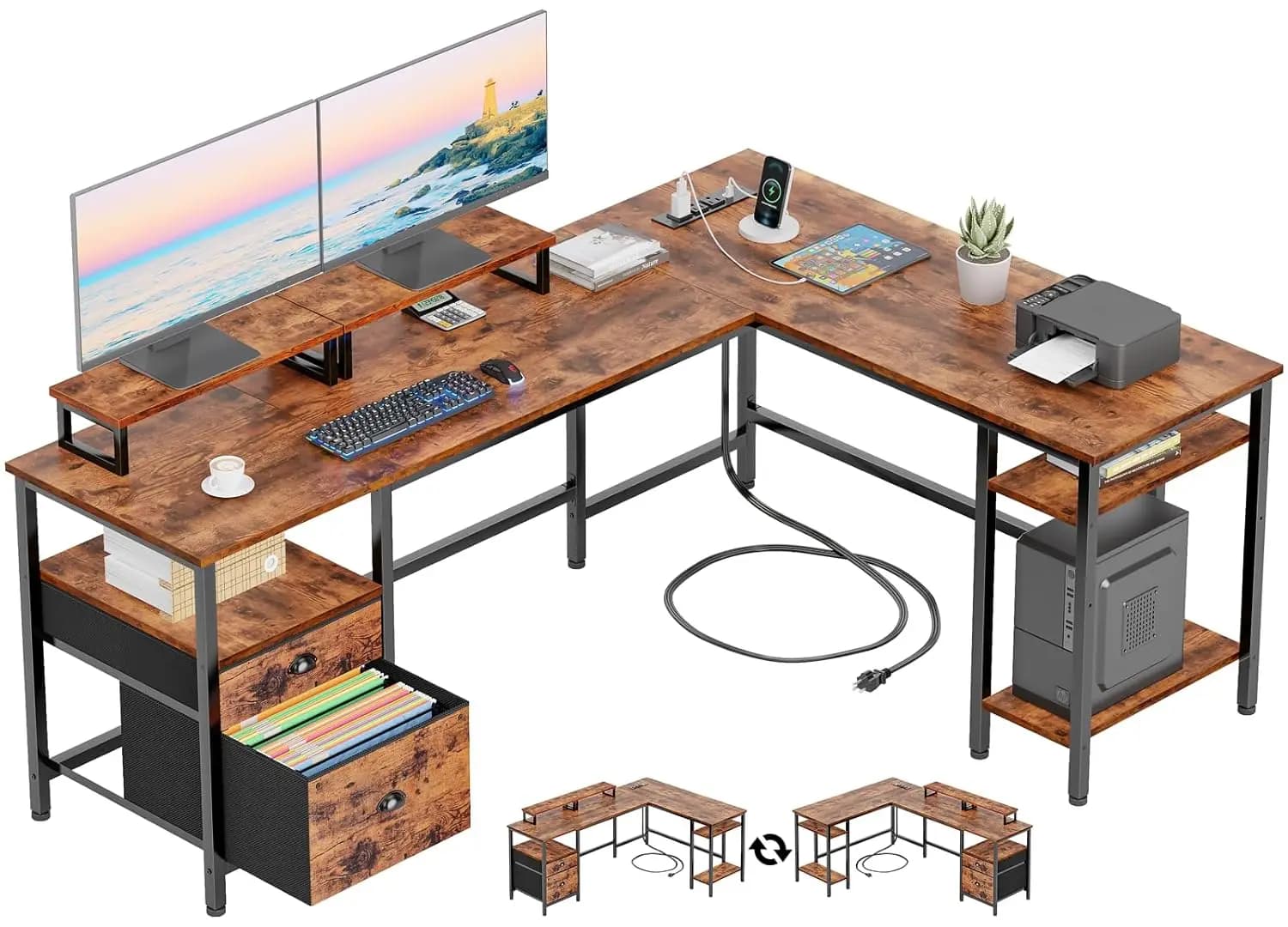 Scrivania a L da 66 pollici con presa di corrente, scrivania da gaming reversibile con cassetto porta documenti e 2 supporti per monitor per casa, personalizzabile