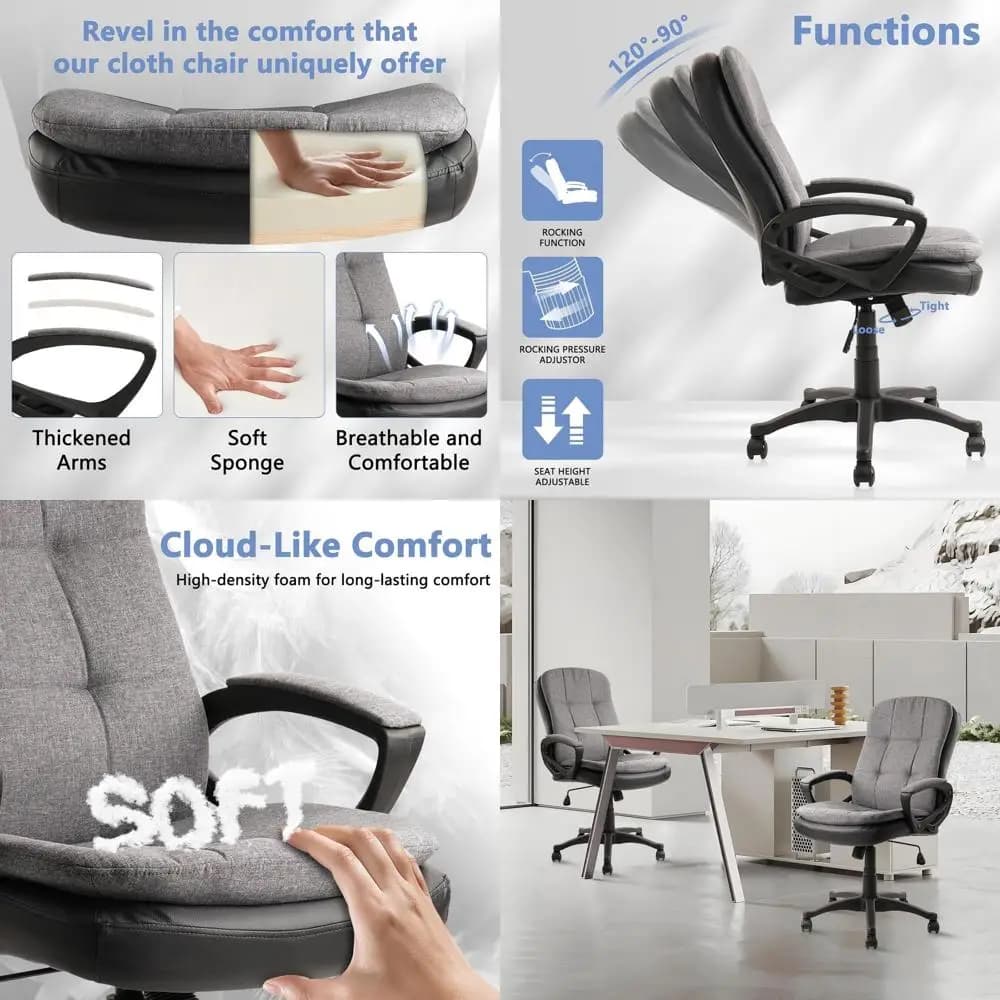 Sedia da ufficio girevole ergonomica con schienale imbottito, altezza regolabile per casa, conferenze e lavoro, grigia