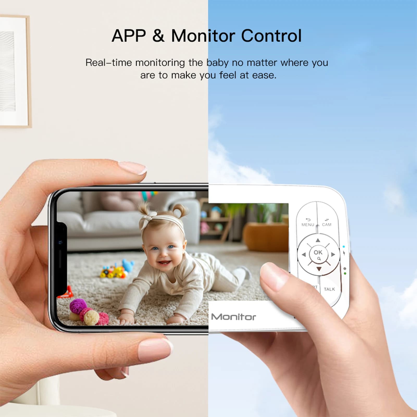 Baby Monitor con Telecamera e Display da 5 Pollici, WiFi, Visione Notturna, Zoom 4x, Ricaricabile, Allarme Temperatura, Orologio per l'Alimentazione, Comunicazione Bidirezionale