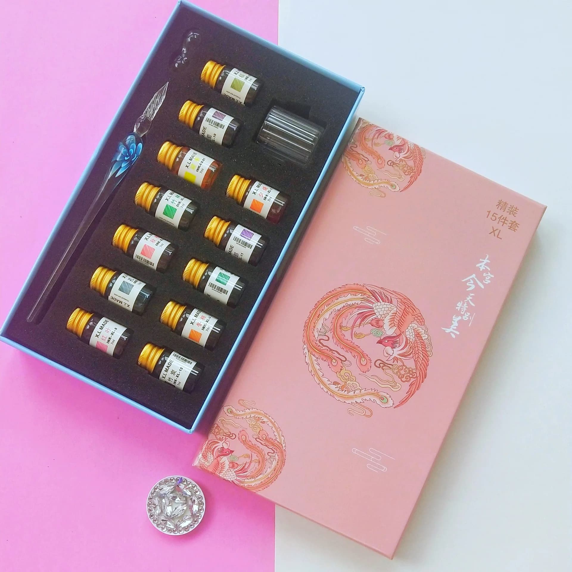 Penna in cristallo, penna per immersione, confezione regalo, set di penne per firma con inchiostro color polvere d'oro, penna per pittura, penna colorata di prova, regalo, vetro pe