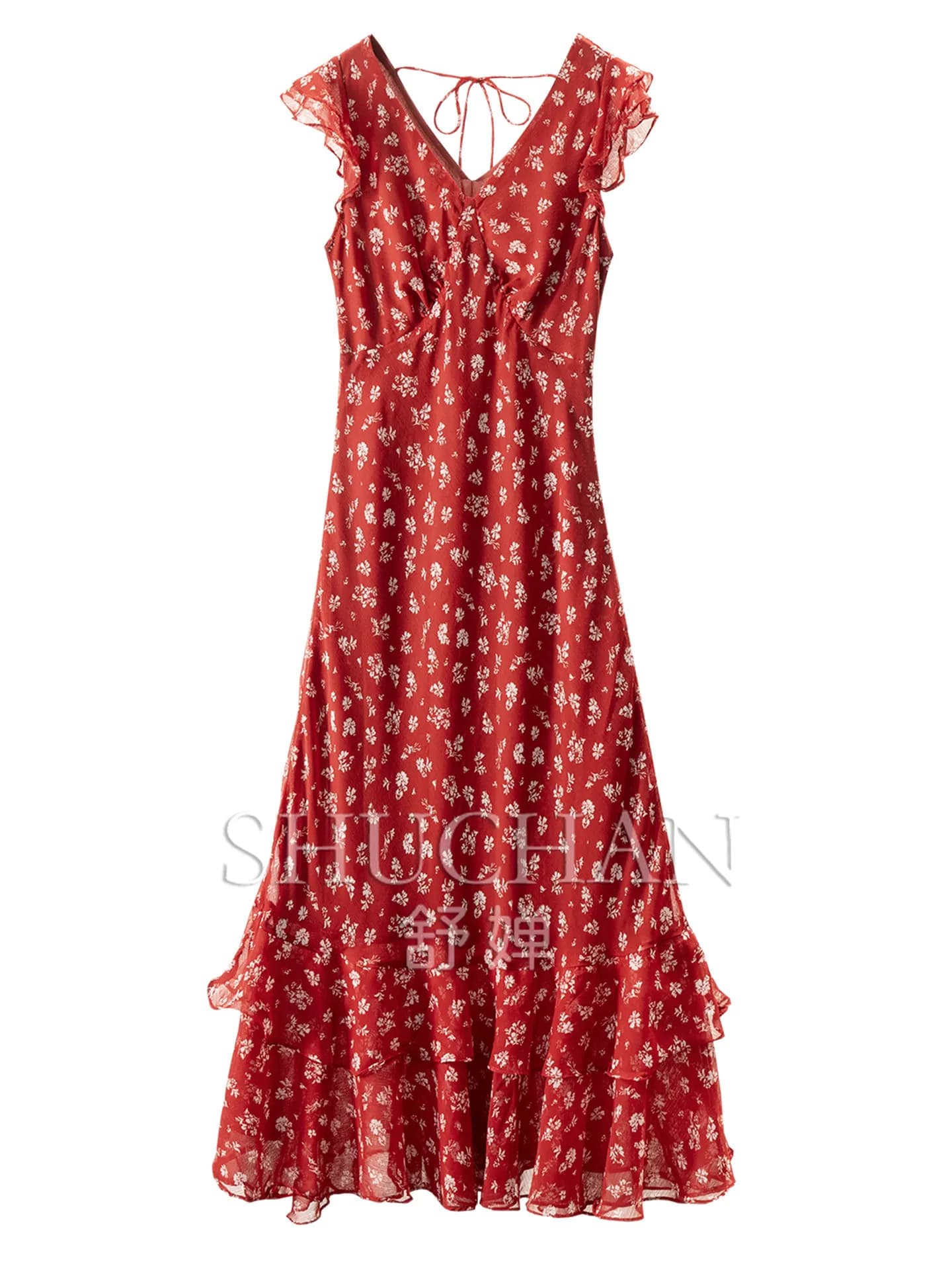 Bright Retro Red Dress Temperament Waist Lotus Leaf Pendulum V-neck Small Flying Sleeve Dress Women 44W3