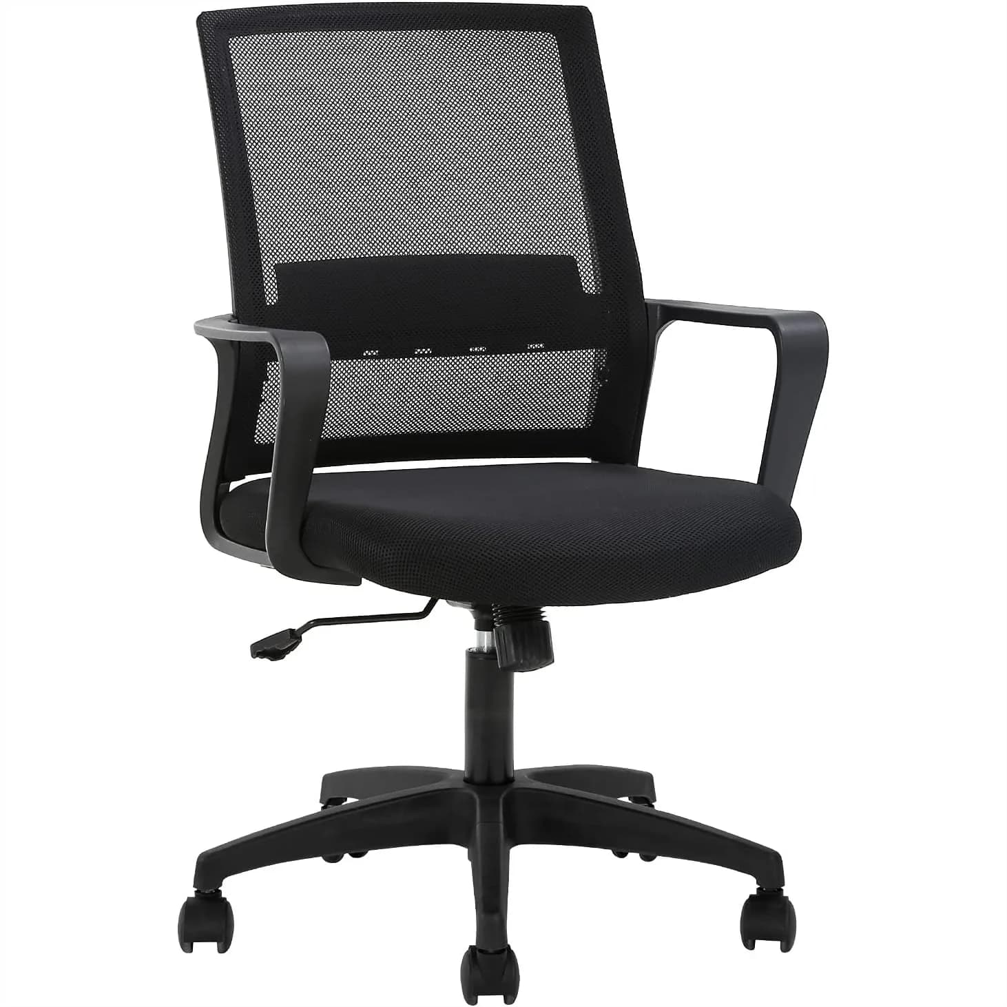 Sedia da ufficio ergonomica con schienale medio in rete e supporto lombare, sedia da lavoro girevole regolabile con braccioli, nera, facile da montare