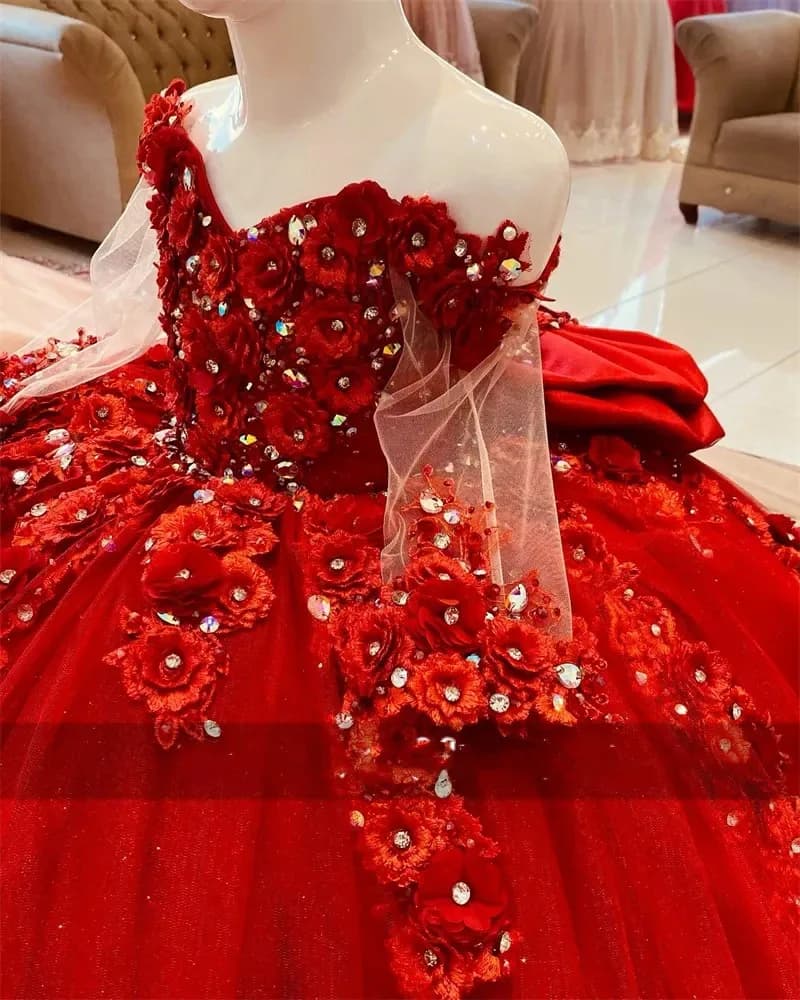 Abiti da Damigella Personalizzati Rossi con Applicazioni in Cristallo e Pizzo per Matrimonio, Prima Comunione e Feste di Compleanno per Bambine