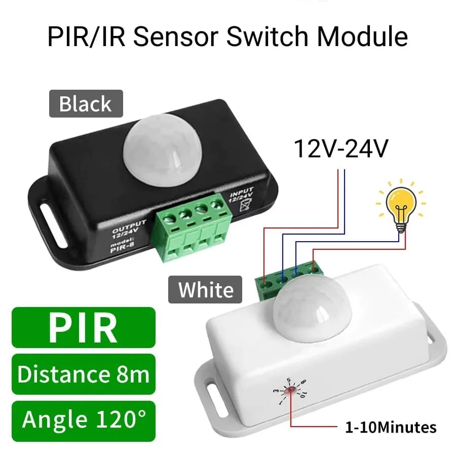 Interruttore sensore di movimento PIR 8A 12-24V DC Ritardo regolabile 5s-10min per controller di alimentazione in linea con luce di striscia LED con IP65 impermeabile
