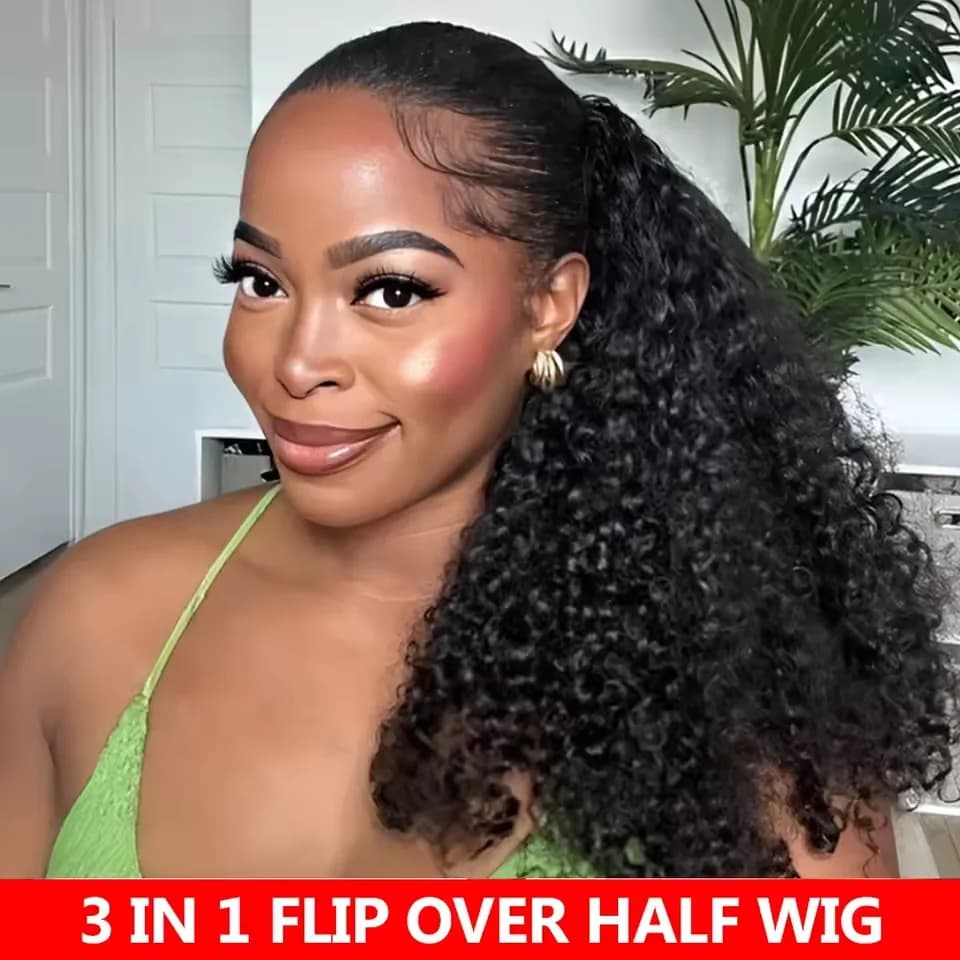 Con coulisse Clip seamless Ins Flip Over Hair Riccia crespa Update 3 IN 1 Half Wig Riccia Half Wigs Density 200% Women's Human Hair