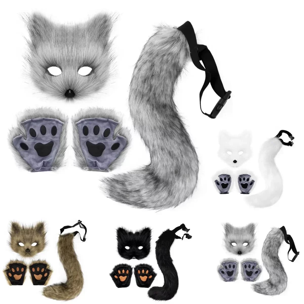 Mystic Half Face Mask with Ears Furry Tail Paw Gloves and Fox Therian Mask Set Halloween Cosplay Costume Accessories for Parties