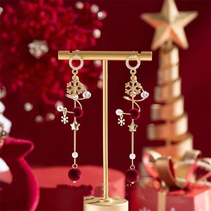 Christmas Star Snowflake Bell Hanging Earrings for Women Delicate Velvet Bow Xmas Tree Long Tassel Earring Party Jewelry Gifts