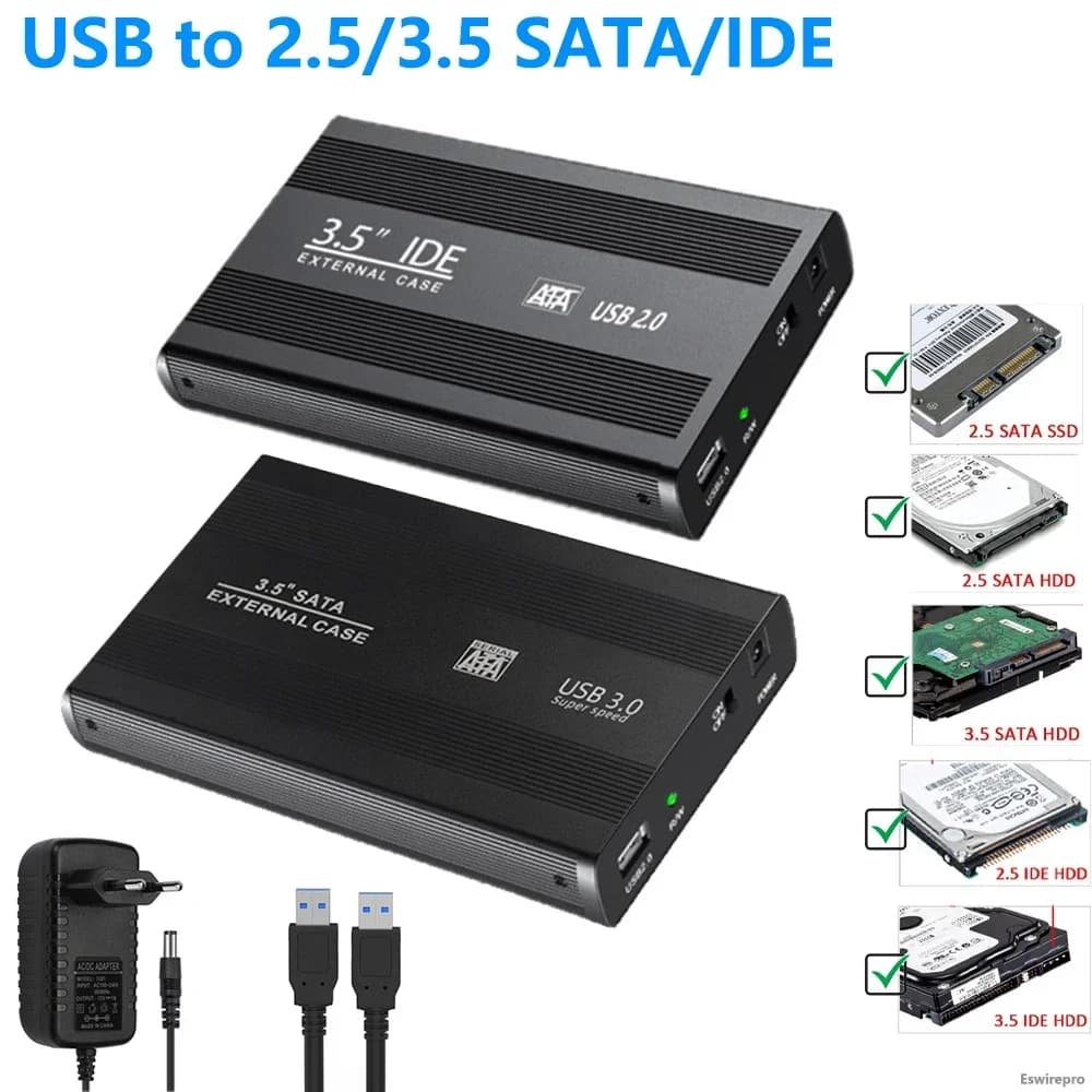 Adattatore da USB a SATA IDE HDD SSD da 2,5/3,5 pollici Custodia per disco rigido Custodia USB 3.0 Adattatore per disco rigido a stato solido esterno HD