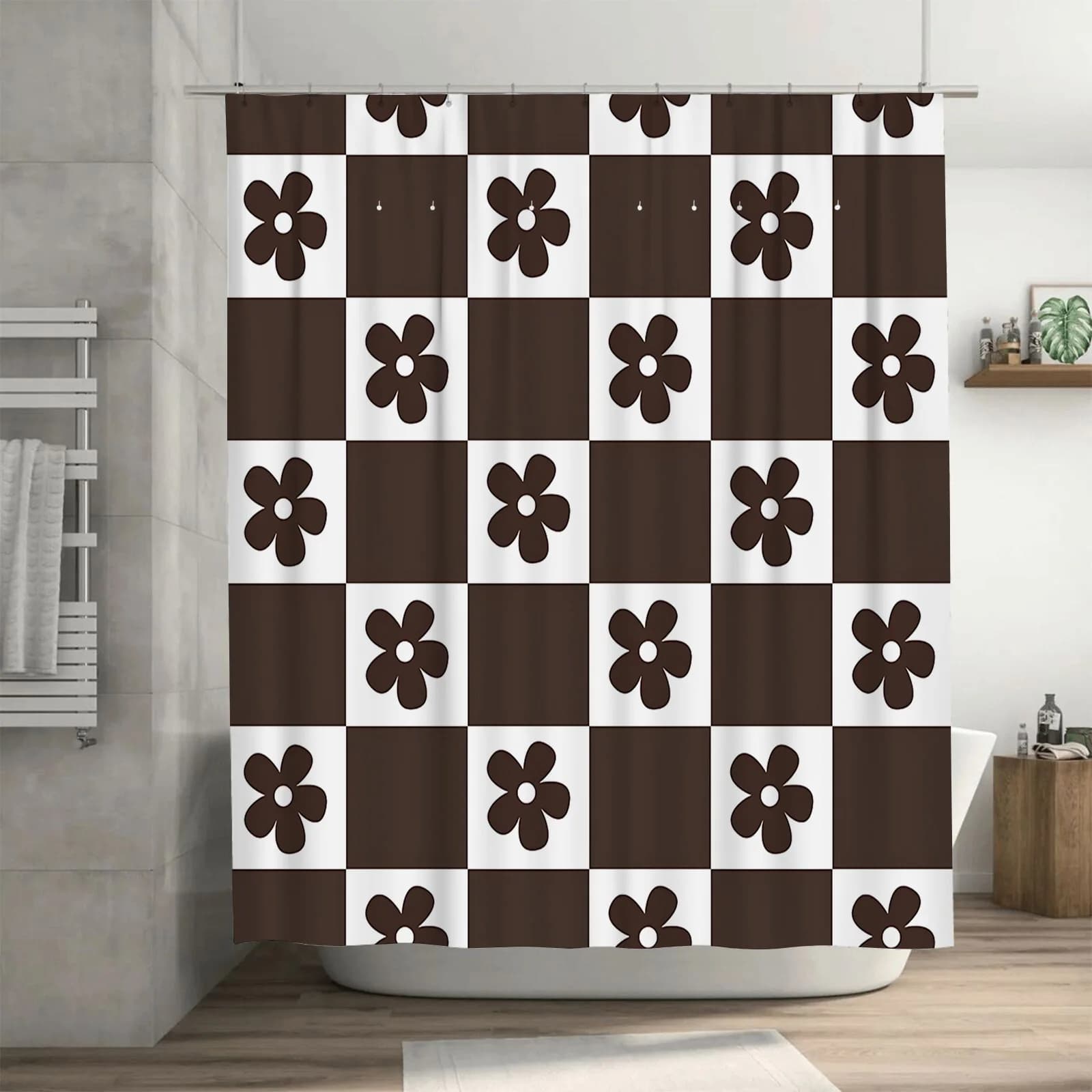 Tenda da doccia a quadretti marrone e bianco con motivo floreale Decorazione da bagno impermeabile per uso domestico e hotel Gancio gratuito