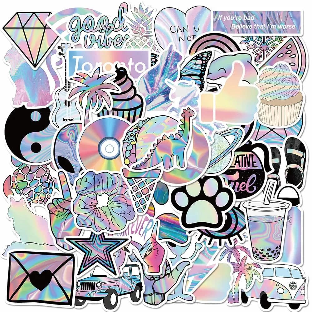 10/30/50pcs Argento Olografico Laser VSCO Graffiti Adesivi Decorazione Estetica Adesivo Valigia Telefono Notebook Cartoon Decalcomanie
