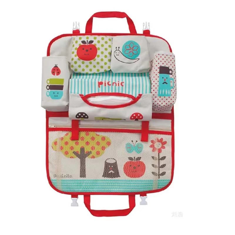 Borsa portaoggetti per schienale seggiolino auto per bambini in cartone animato, borsa sospesa multifunzionale di grande capacità, scatola da viaggio per bambini con organizer per seggiolino auto