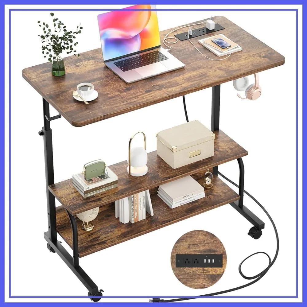 Scrivania Mobile Regolabile Manualmente in Altezza da 32 Pollici con Prese di Corrente, Tavolo Portatile per Laptop Sit-Stand per Casa e Ufficio, Marrone Rustico