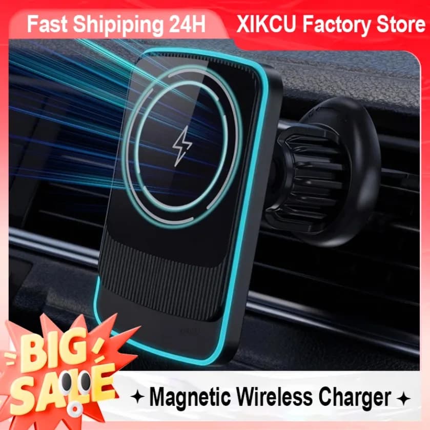 Wireless Magnetic Support for Phone with LED Light for Car, Fast Loader for Air Mouth Compatible with MagSafe iPhone 17~12 Pro Max and Samsung