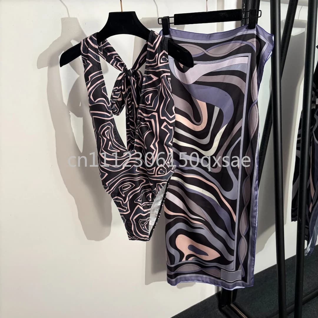 Women's Black Scarf Swimsuits with Letter Signature Logo Designer Brand Lady Sexy Scarf Bikini Sets Beachwear Swimwear