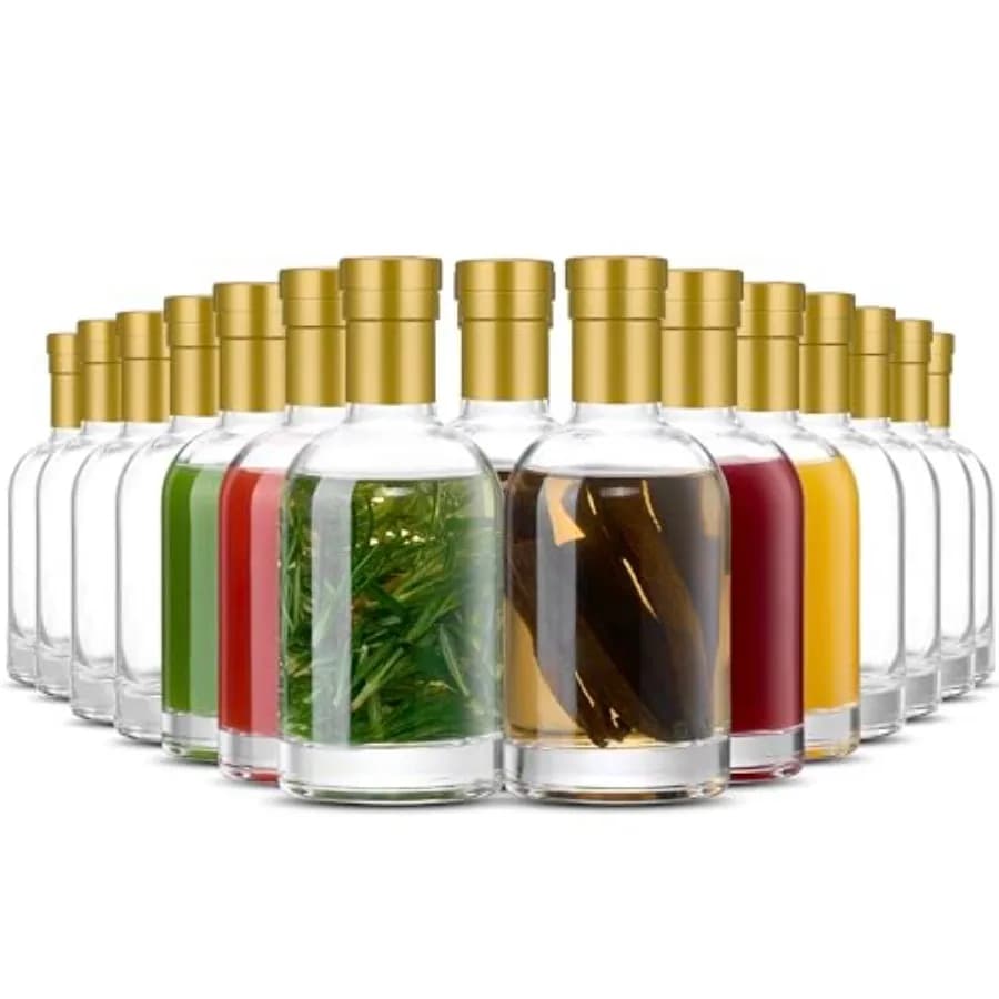 Confezione da 20 Bottiglie in Vetro con Coperchi, 6 oz, Ermetiche e Antigoccia, Bottiglie in Vetro con Base Spessa e Tappo in Sughero per Salse Piccanti, Vino, Kombucha, Acquavite
