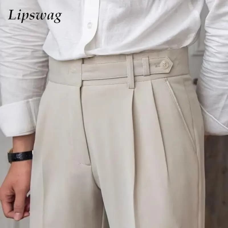 Vecchi soldi estetici pantaloni da uomo eleganti cintura abbottonata pantaloni a vita alta da uomo autunno pantaloni dritti Slim Vintage tinta unita